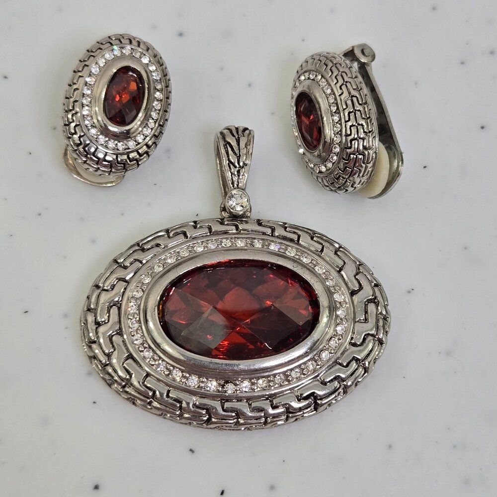 Red Rhinestone Earrings Pendant Set Silver Tone Necklace Clip‎ On Engraved